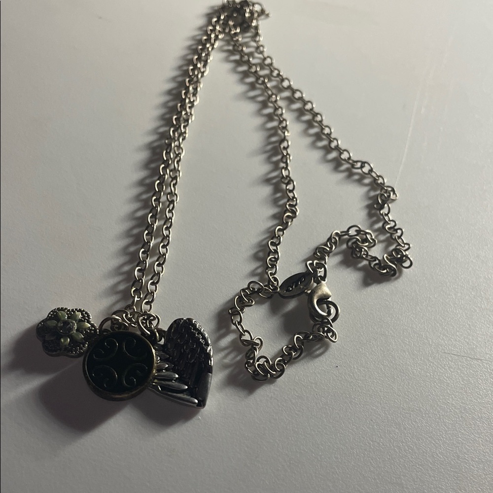 Silver Charm Pendant Necklace with Black and Green Accents